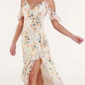 Floral maxi dress w/ slit and asymmetric ruffles